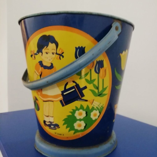 Vintage children's metal bucket used, colorful