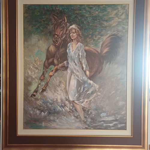 Handmade oil painting on canvas with wooden frame, 'Girl with white dress and horse in water' by V. Riggas