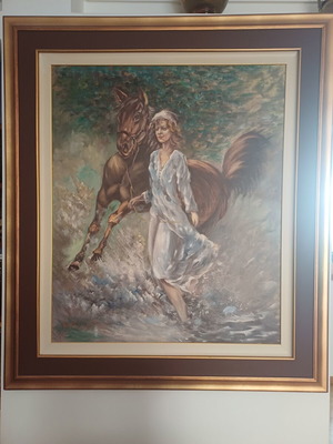 Handmade oil painting on canvas with wooden frame, 'Girl with white dress and horse in water' by V. Riggas