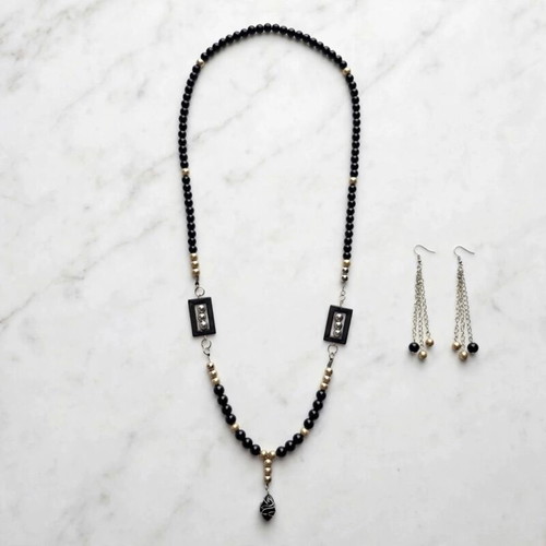 Handmade black beaded long necklace and earrings set