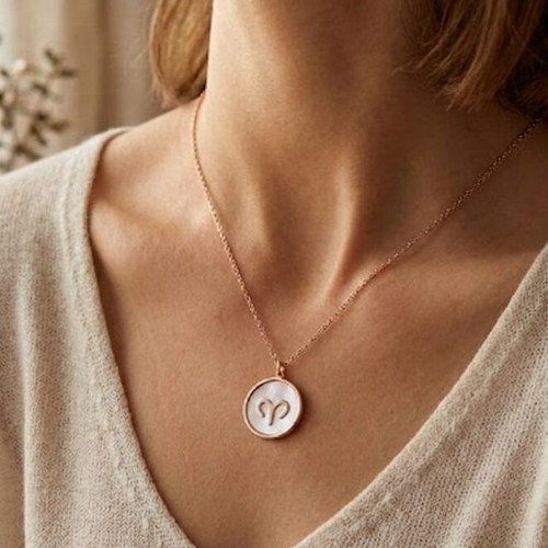 Loisir Aries zodiac necklace, rose gold steel, new