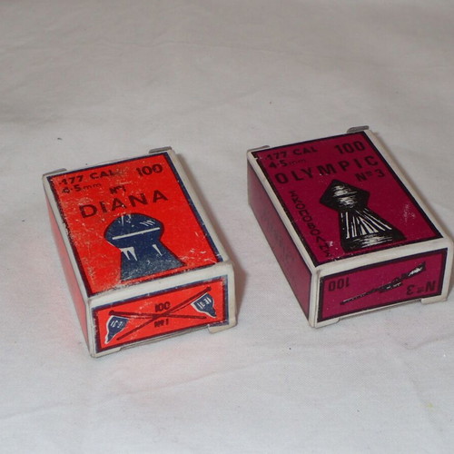 Two vintage DIANA and OLYMPIC 177 cal 4.5 mm shooting pellet boxes new, 100 pcs each