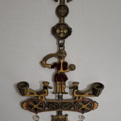 Bronze wall candle holder with enamel, vintage used