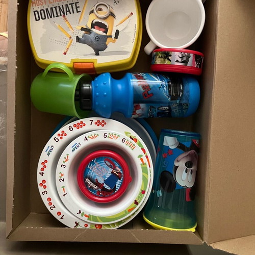 Children's tableware like new, set with cups, water bottle and plates