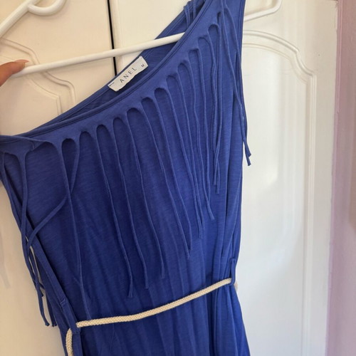 Anel maxi dress with one shoulder and fringes, like new, size M, blue