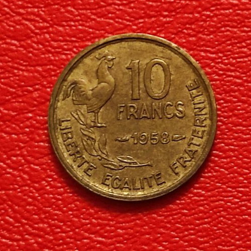 10 Francs France coin 1958 used, copper-aluminum