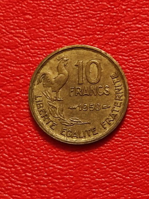 10 Francs France coin 1958 used, copper-aluminum