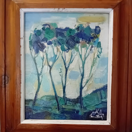 Original oil painting "Landscape in Blue" by Krasimir Doychev with wooden frame
