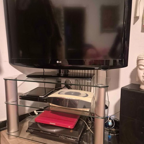 TV stand tempered glass with 3 shelves like new, minimal design