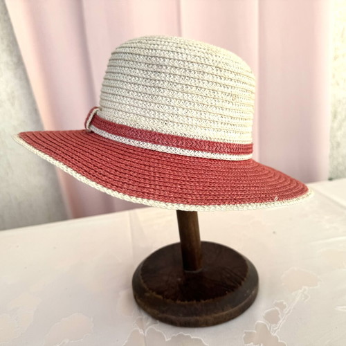 Straw fedora hat used, white and pink, size S