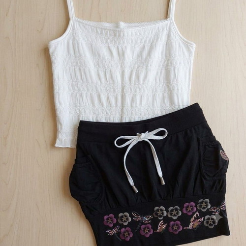 Black embroidered skirt with white top set, size S