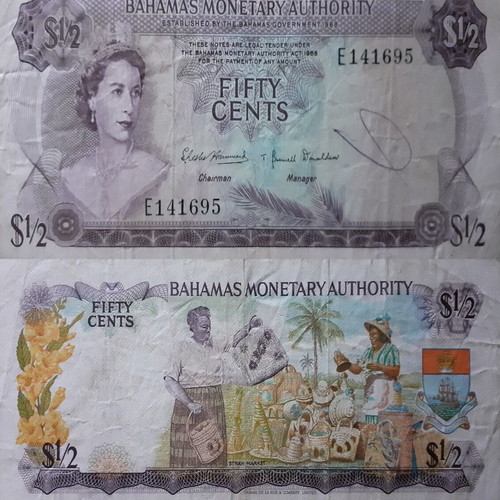 Bahamas 50 Cent Banknote 1968 used, Young Elizabeth II