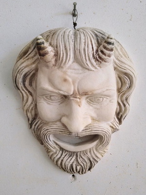 Satyr mask used, alabaster, 22cm x 27cm