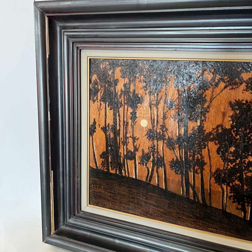Vintage pyrography wall art with forest scene and artist signature 57x72