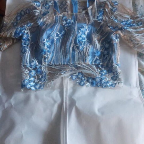 Two-piece dress blue satin and embroidered top new, size M