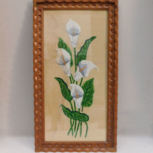 Embroidered painting with protective glass and carved wooden frame