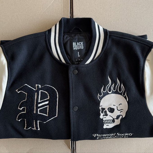 Black Squad x Paranoid Society Bomber Jacket used, men's size L, black and beige