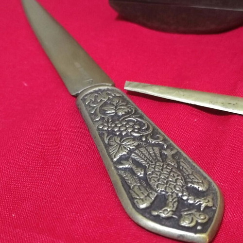 Vintage oxidized brass desk set with Art Nouveau motifs