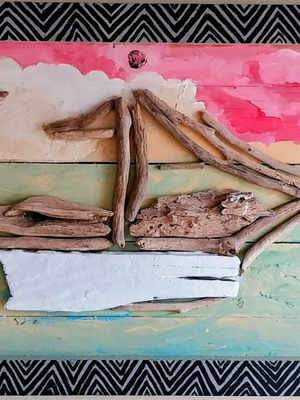 Boat with plastic paint on wood 73×46cm new