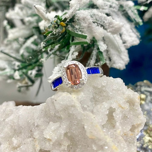 Handmade silver ring with natural pink tourmaline, sapphires & moissanite