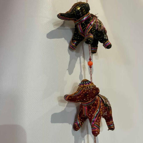 Vintage Namaste Corfu hanging decoration with fabric elephants and bell used