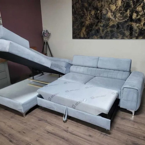 Light Blue Fabric Corner Sofa with Sleep Function and Storage Like New