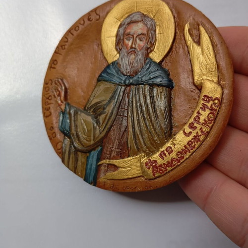 Saint Sergius of Radonezh Painted Icon from Wax, Mastic and Incense