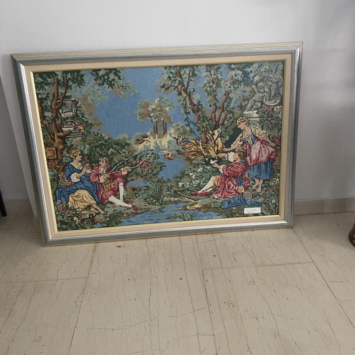 Gobelin tapestry painting 90x65cm, handmade, romantic French countryside scene