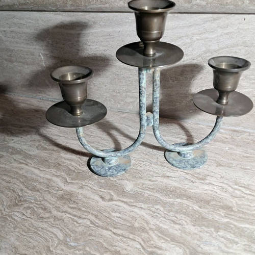 Vintage metal triple candlestick used with natural patina