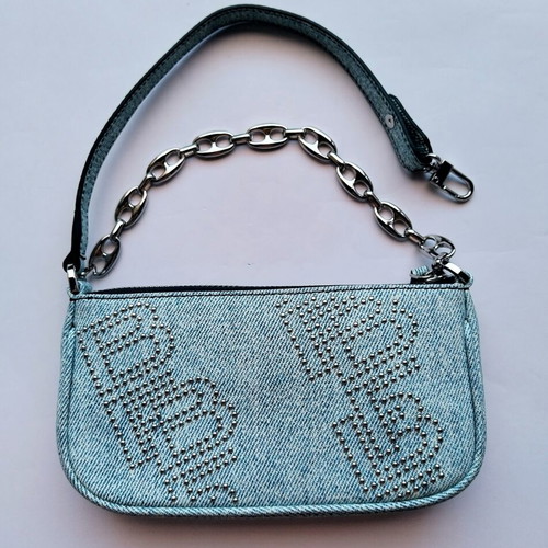 By Far Rachel Mini Bag New Denim Print with BF Logo Studs
