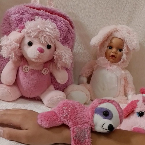 Plush toys used, backpack, bracelet and 2 cuddly plushies