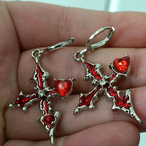 Women's earrings amethyst heart with enamel steel cross tribal new