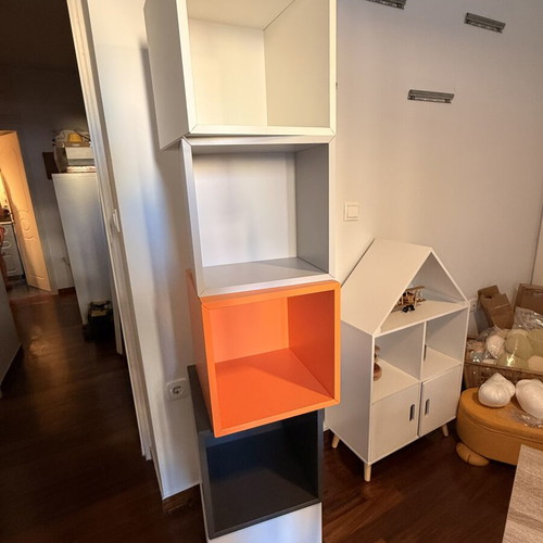 IKEA set of 5 wall-mounted cube shelves, white, anthracite, orange