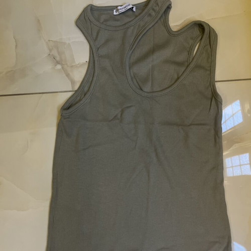 Stradivarius ribbed top small, cut-out shoulder, sage green, like new