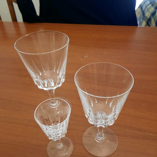 Crystal glassware set used with 11 water glasses, 12 wine glasses, 12 liqueur glasses