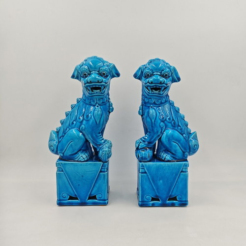 Vintage Chinese Turquoise Blue Porcelain Foo Dogs set used