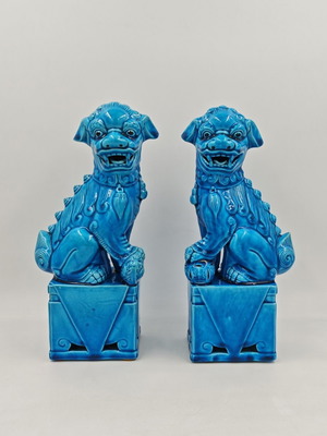 Vintage Chinese Turquoise Blue Porcelain Foo Dogs set used