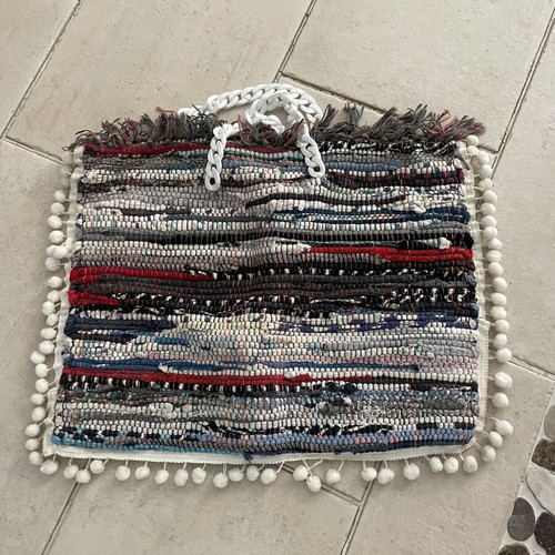 Handmade rag bag blue and white used 40x50 cm