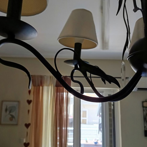 Chandelier with six ivory lampshades, rustic metal and crystal leaves, like new