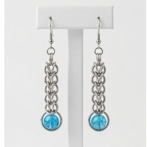 Chainmaille Full Persian Earrings with Blue Bead, new, steel
