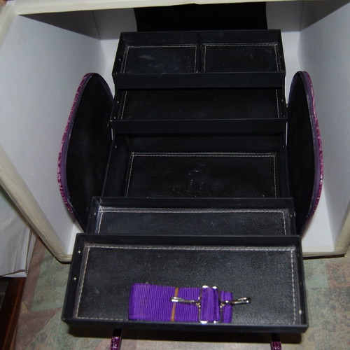 Professional leather makeup bag used, purple crocodile pattern