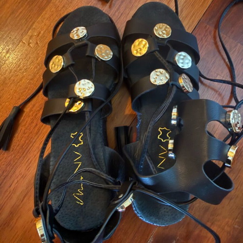 Attrativo black lace-up sandals new, boho Greek chic style