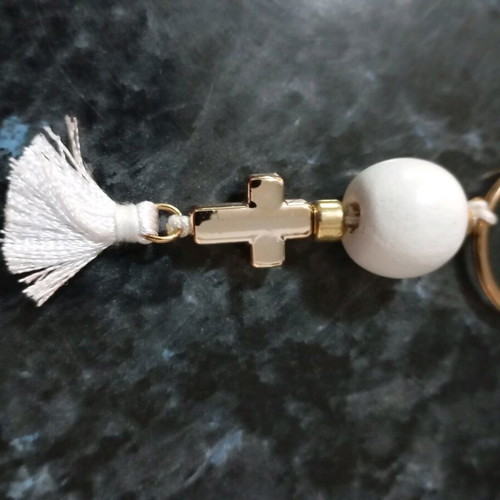 Handmade keychain, with a gold cross, white round wooden bead and white tassel, brand new