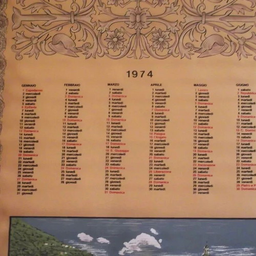 Italy Vintage 1974 Silk Wall Hanging Calendar used