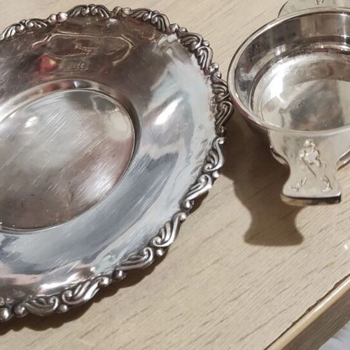 Silver-plated utensils used, bowl and plate with handmade carving