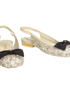 Chanel Slingback shoes cream with crystals & pearls bow CC EU 35.5