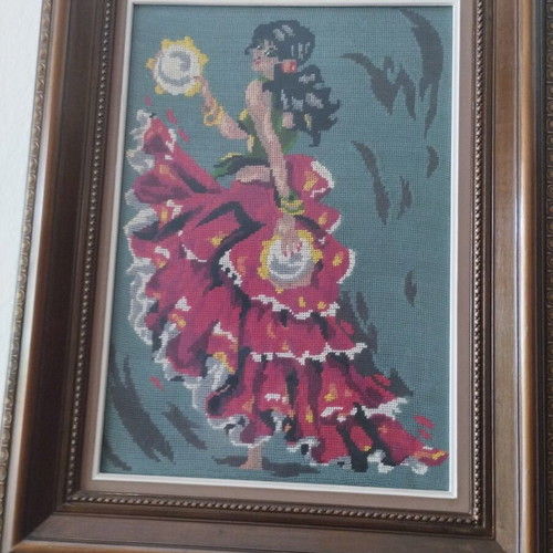 Vintage Handmade Embroidery "Spanish" – Canvas with Wooden Frame