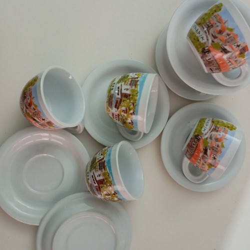 Set of 6 collectible Lumidis coffee/tea cups with saucers, new