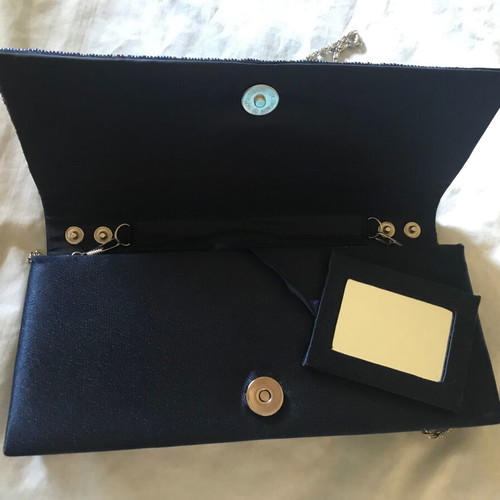 Mandarini evening bag clutch with iridescent beads new, blue satin