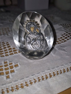 Decorative Panagia Icon crystal souvenir from Tinos like new